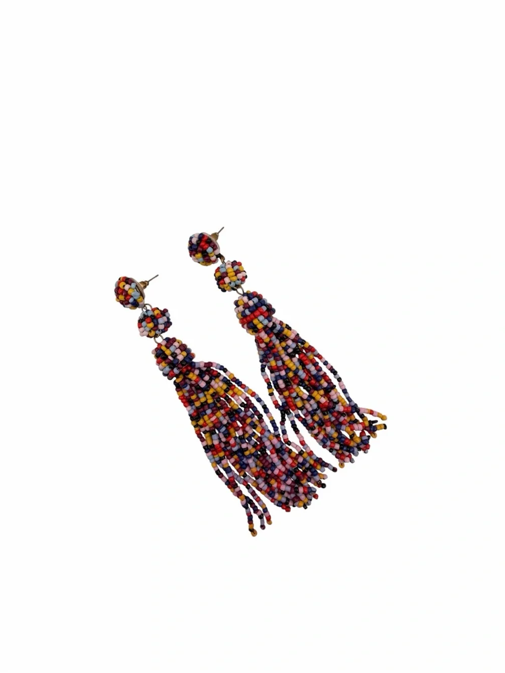 Vintage Multicolor Seed Bead Tassel Earrings Long Statement Boho NOS Unworn